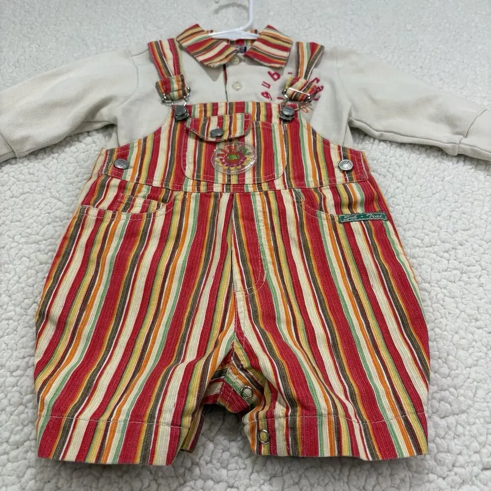 Vintage Striped‎ Hippie Boho Overalls Shortalls Set Flower Baby Girl 90s Y2K